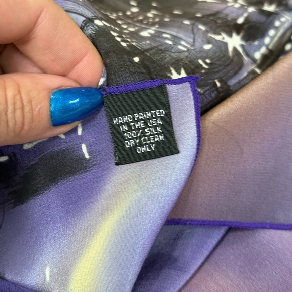 Hand Painted 100% Silk Scarf, Purple Blue City Skyline Print Wearable Art Wrap - Picture 6 of 8